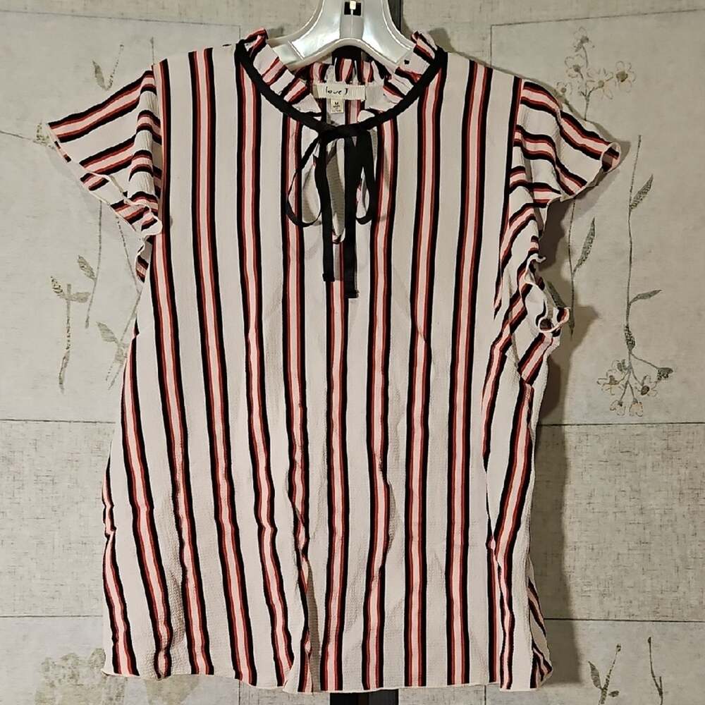 Love J White and Red Flutter Sleeve Tie Front Blouse